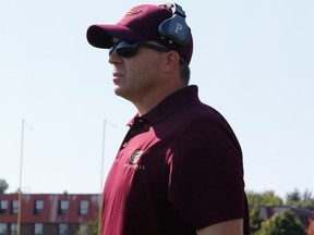 Kelly Jeffrey, shown in 2015 as head coach of the Mount Allison Mounties, has been hired as the Saskatchewan Roughriders' offensive co-ordinator.