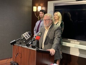 Lawyer Grant Scharfstein was joined on Dec. 13, 2022 at a press conference by Caitlin Erickson and Coy Nolin, the lead plaintiffs in a class action against Legacy Christian Academy and Mile Two Church