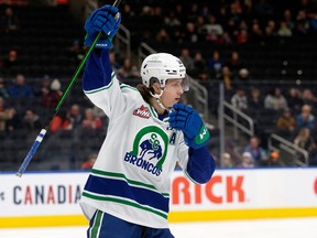 Swift Current Broncos right-winger Josh Filmon celebrates one of the six goals he scored Friday against the Edmonton Oil Kings.