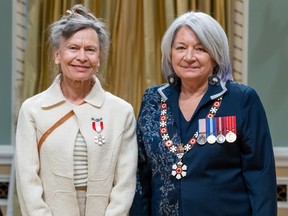 Her Excellency the Right Honourable Mary Simon, Governor General of Canada, (right) invested Regina artist Robin Poitras (left) into the Order of Canada during a ceremony at Rideau Hall in Ottawa, Ont. on Thursday, Dec. 1, 2022.