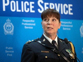 Lorilee Davies, deputy chief with the Regina Police Service, speaks at the Regina Police Service headquarters about the municipal police grant funding for the City of Regina on Thursday, December 8, 2022 in Regina.