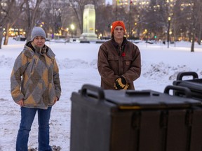 Organizer and volunteer Amanda Lanoway, left, and Nathaniel Hewton with Soup After Dark, a volunteer-run extension to keep the Soup In The Park program from Street Culture Project going through winter on Tuesday, December 13, 2022 in Regina.