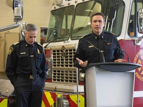 Saskatchewan has launched a pilot project for teams which will connect with people who have recently experienced overdose in order to connect them to programs and services. Here Regina Fire & Protective Services Chief Layne Jackson, right, and Saskatoon Fire Chief Morgan Hackl speak about the project at a news conference at Fire Hall #4 on Thursday, December 1, 2022 in Regina.