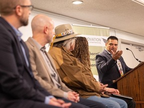 Jason Thompson (right), owner of Superior Strategies, speaks during the unveiling of All3Innovation LP — a new majority Indigenous-owned technology business.