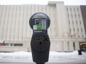 A parking meter sits outside the YWCA women's shelter downtown on Monday, December 12, 2022 in Regina.