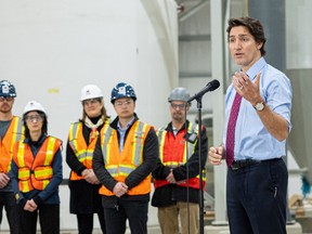 Prime Minister Justin Trudeau answers questions from media after his tour of the Vital Metals rare earths element processing plant in Saskatoon. on Jan. 16.