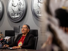 In this file photo from December 2022, Chief Margaret Bear of Ochapowace First Nation speaks at a Federation of Sovereign Indigenous Nations press conference to discuss what it calls the provincial government's "continual infringement on First Nations inherent and Treaty rights."