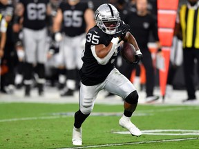 Running back B.J. Emmons, shown here during a 2021 pre-season game with the Las Vegas Raiders, has re-signed with the Saskatchewan Roughriders.
