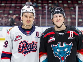 The Regina Pats' Connor Bedard, left, and the Kelowna Rockets' Andrew Cristall are shown before a Nov. 29 WHL game at Prospera Place. Bedard and Cristall began playing minor hockey together as five-year-olds.