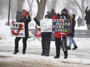 More than 100 people gathered in Saskatoon's Kiwanis Park on Saturday, Dec. 19, 2020 for a "freedom rally" protesting against various restrictions put in place to combat the spread of COVID-19, including public health orders around wearing masks and limiting gathering sizes.