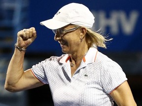Martina Navratilova reacts during an exhibition match during Day 4 of the Connecticut Open at Connecticut Tennis Center at Yale on August 21, 2017 in New Haven, Connecticut.