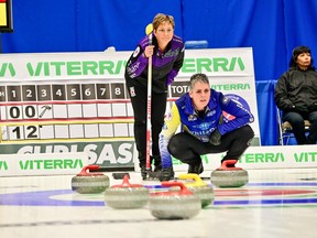 Nancy Martin (front) edged Sherry Anderson 7-6 in Friday's A-event final at the Saskatchewan women's curling championship. Wanda Harron Photography.