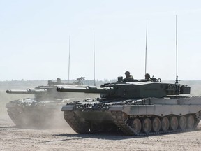 Canadian Forces Leopard 2A4 tanks are shown at CFB Gagetown in Oromocto, N.B., Sept. 13, 2012.