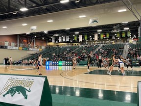 The University of Regina Cougars' Jade Belmore attempts a free throw versus the visiting University of Lethbridge Pronghorns on Saturday. Belmore had 33 points, her highest total as a Canada West total, to propel the Cougars to 77-72 victory at the Centre for Kinesiology, Health and Sport.