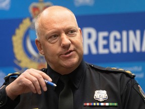 Chief Evan Bray speaks at the Regina Police Service headquarters in Regina on Thursday, February 13, 2020.