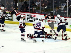 The Medicine Hat Tigers' Pavel Bocharov, 12, celebrates a goal against the Regina Pats on Sunday at a sold-out Brandt Centre.