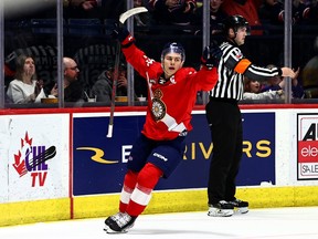 Connor Bedard celebrates one of the 11 goals he has scored over the Regina Pats' past four home games.