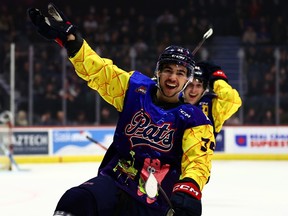 The Regina Pats' Matteo Michels celebrates his first WHL goal — scored during Saturday's third period against the Swift Current Broncos at the Brandt Centre.