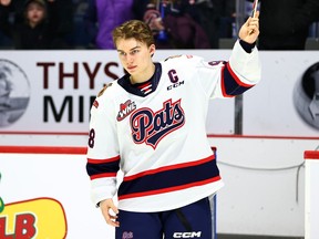 Connor Bedard of the Regina Pats is shown after scoring four goals and two assists in Sunday's 6-2 WHL victory over the Calgary Hitmen at the Brandt Centre.