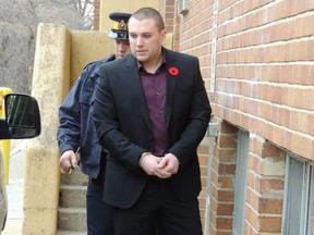 Brock Ernest Palfrey, 25, of Coldstream B.C., is led out of Swift Current Court of Queen’s Bench on Nov. 1, 2012. Palfrey, the head of a trafficking ring that moved cocaine and ecstasy across the Saskatchewan-Montana border, pleaded guilty to conspiracy, possession for the purpose of trafficking, importing drugs, being involved in a criminal organization, and breaching his bail conditions.