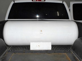 Modified propane tank on a truck, one of the vehicles used to transport drugs. RCMP seized it as part of Project Faril.