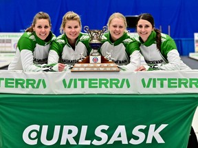 Robyn Silvernagle, left, is shown with her North Battleford team of third Kelly Schafer (second from left), second Sherry Just (second from right) and lead Kara Thevenot (right) after winning the Saskatchewan women's curling championship  Sunday at Affinity Place in Estevan.
