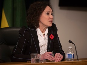 Minister of Justice and Attorney General Bronwyn Eyre speaks during a press conference in November.