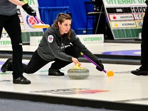 Robyn Silvernagle of North Battleford is shown in the 1-2 Page playoff game Saturday night at the Saskatchewan women's curling championship at Affinity Place in Estevan.