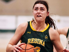 Jade Belmore, shown in this file photo, had 17 points and 13 rebounds for the University of Regina Cougars in Friday's 72-65 victory over the visiting University of Lethbridge Pronghorns.