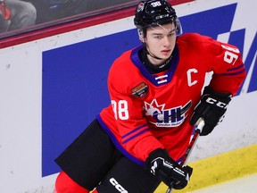 The Regina Pats' Connor Bedard is shown playing for Team Red in Wednesday's CHL-NHL Top Prospects Game, played in Langley, B.C.