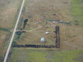 An aerial photo of abandoned farmyard where RCMP say drug deals were made. Police believe the location is favoured because it’s so remote and near the Saskatchewan-Montana border.