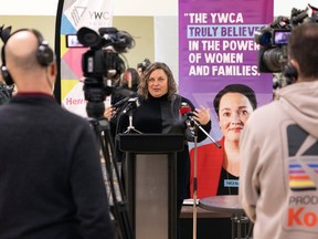 YWCA Regina CEO Melissa Coomber-Bendtsen speaks at a news conference where the province announced additional funding for the YWCA Regina Centre for Children and Families.