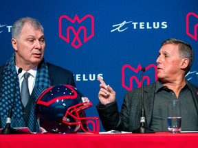 Montreal Alouettes co-owner Gary Stern, right, with CFL commissioner Randy Ambrosie in Montreal on Jan. 6, 2020.