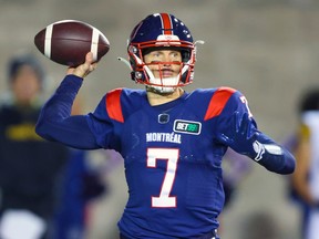 Quarterback Trevor Harris, shown last season with the Montreal Alouettes, has reportedly agreed to terms with the Saskatchewan Roughriders.