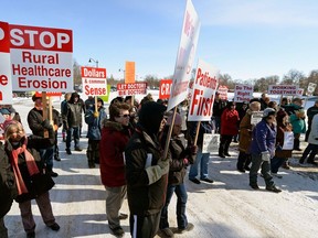 People from Craik demonstrate against what they see as deteriorating health care at the Saskatchewan Legislature in Regina in February of 2015.