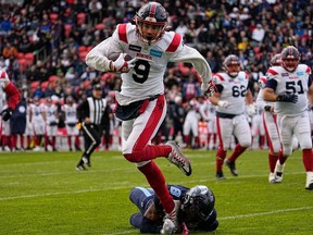 Receiver Jake Wieneke, 9, shown with the Montreal Alouettes last November, has signed with the Saskatchewan Roughriders.