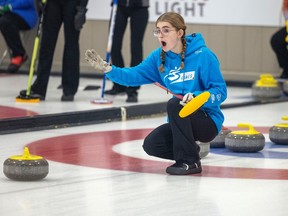The 2023 Saskatchewan Winter Games have been special for Team North skip Heidi Hardcastle, shown here calling a shot during a female curling game at the Callie Curling Club on Tuesday.