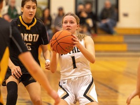 Luther Lions captain Charlie McNeil is shown during Thursday's Luther Invitational Tournament senior girls game against the Winnipeg Dakota Lancers.