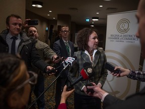 Attorney General Bronwyn Eyre speaks to the media after her presentation on the Sask First Act at a Saskatchewan chamber of commerce.