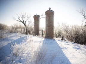 The former gate to the Qu'Appelle Indian Residential School sits alongside Highway 56 as Star Blanket Cree Nation Leadership announces its initial finding at the Qu'Appelle Indian Residential School Site at Wa-Pii Moostoosis Whitecalf Gym on Thursday, January 12, 2023 in Lebret. KAYLE NEIS / Regina Leader-Post