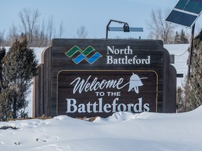 The "Welcome to the Battlefords" sign in North Battleford, SK on Friday, March 11, 2022.