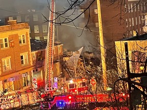 A general view shows smoke coming out from a chocolate factory after fire broke out, in West Reading, Pa., March 24, 2023 in this picture obtained from social media.
