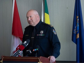 Regina Police Service Chief Evan Bray hosts a press conference after announcing  his retirement on Wednesday, March 29, 2023 in Regina. Bray announced his retirement at a police board meeting earlier this week.