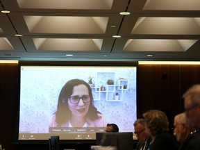 Google Canada's Sabrina Geremia, Vice President and Country Manager, appears via videoconference as a witness at a Standing Committee on Canadian Heritage on Parliament Hill in Ottawa on Monday, March 6, 2023. Geremia is set to return to a parliamentary committee following the tech giant's decision to run a five week test that is blocking news access to some of its users.