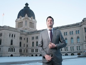 Derek Meyers, MLA for Regina Walsh Acres, outside the Legislative Building in December 2020.