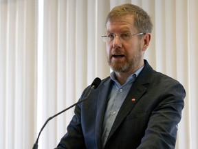 Sean Tucker, professor of occupational health and safety at the University of Regina, speaks after Labour Relations and Workplace Safety Minister Don Morgan (not pictured) announces the 2023-2028 Fatalities and Serious Injuries Strategy on Monday, March 13, 2023 in Regina.