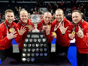 Team Canada skip Brad Gushue won his fifth Brier recently alongside Mark Nicholls, E.J.Harnden, Geoff Walker and coach Caleb Flaxey. Curling Canada/ Michael Burns Photo