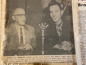 This image of L.D. "Pete" Parker, left, and CKCK Radio's sports director Ken Milton appeared in the July 27, 1957 of the Regina Leader-Post, recognizing Pete's 1923 hockey broadcast 55 years earlier.