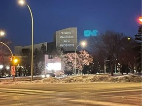 Pro-trans images were projected on the side of the Conexus Arts Centre in Regina during Jordan Peterson's event on March 3.