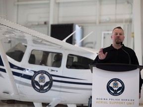 Pilot Corporal Steve Wyatt of the Regina Police Service speaks during a showcase of their new Aerial Support Unit at Kreos Aviation Hanger on Thursday, March 30, 2023 in Regina.